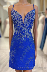 Royal Blue Beaded Plunge V Lace-Up Short Homecoming Dress